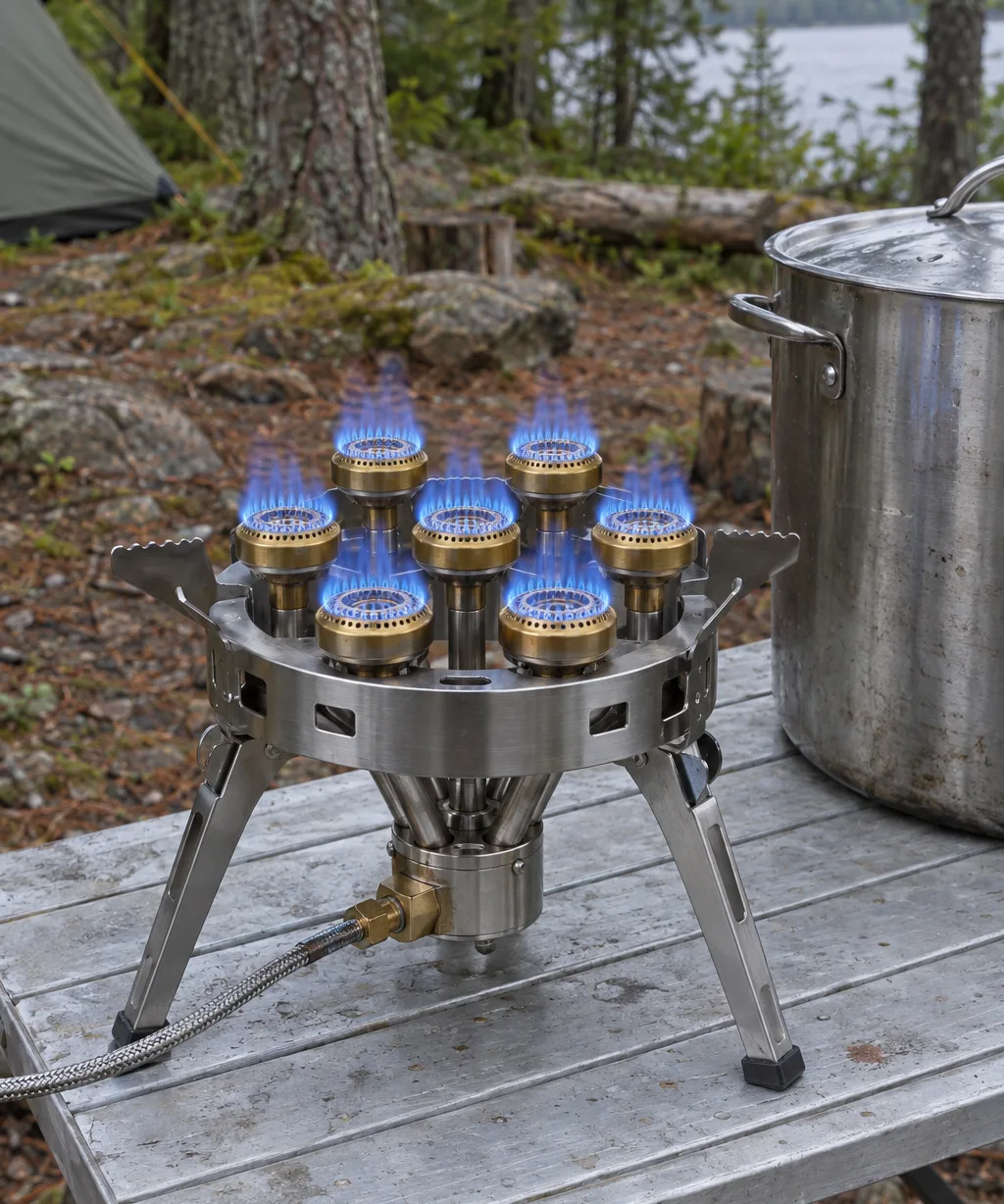 Seven-head camping burner with blue flames on a camp table beside a large pot