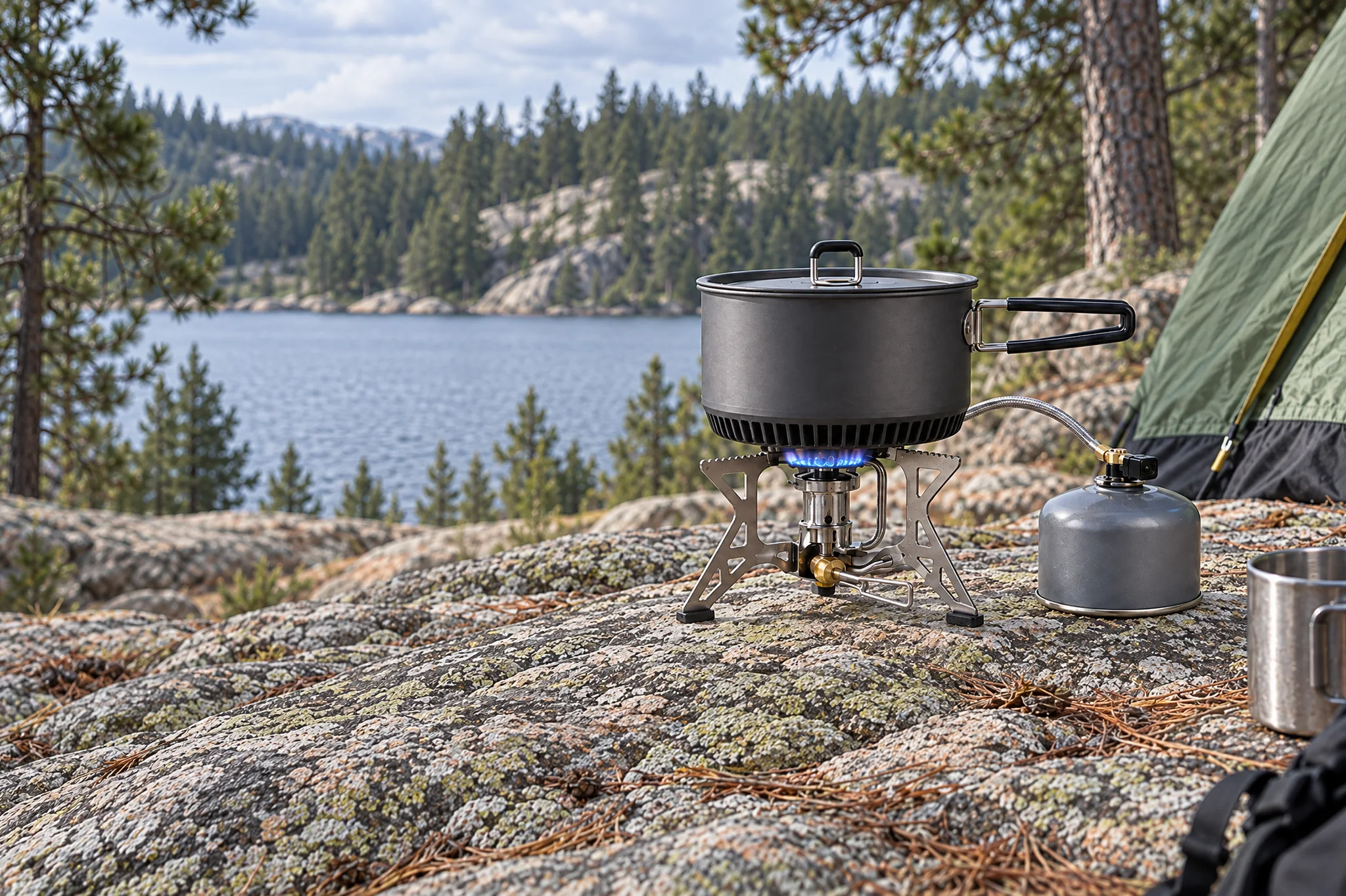 Canister stove with a heat-exchanger pot cooking on a granite rock by a lake