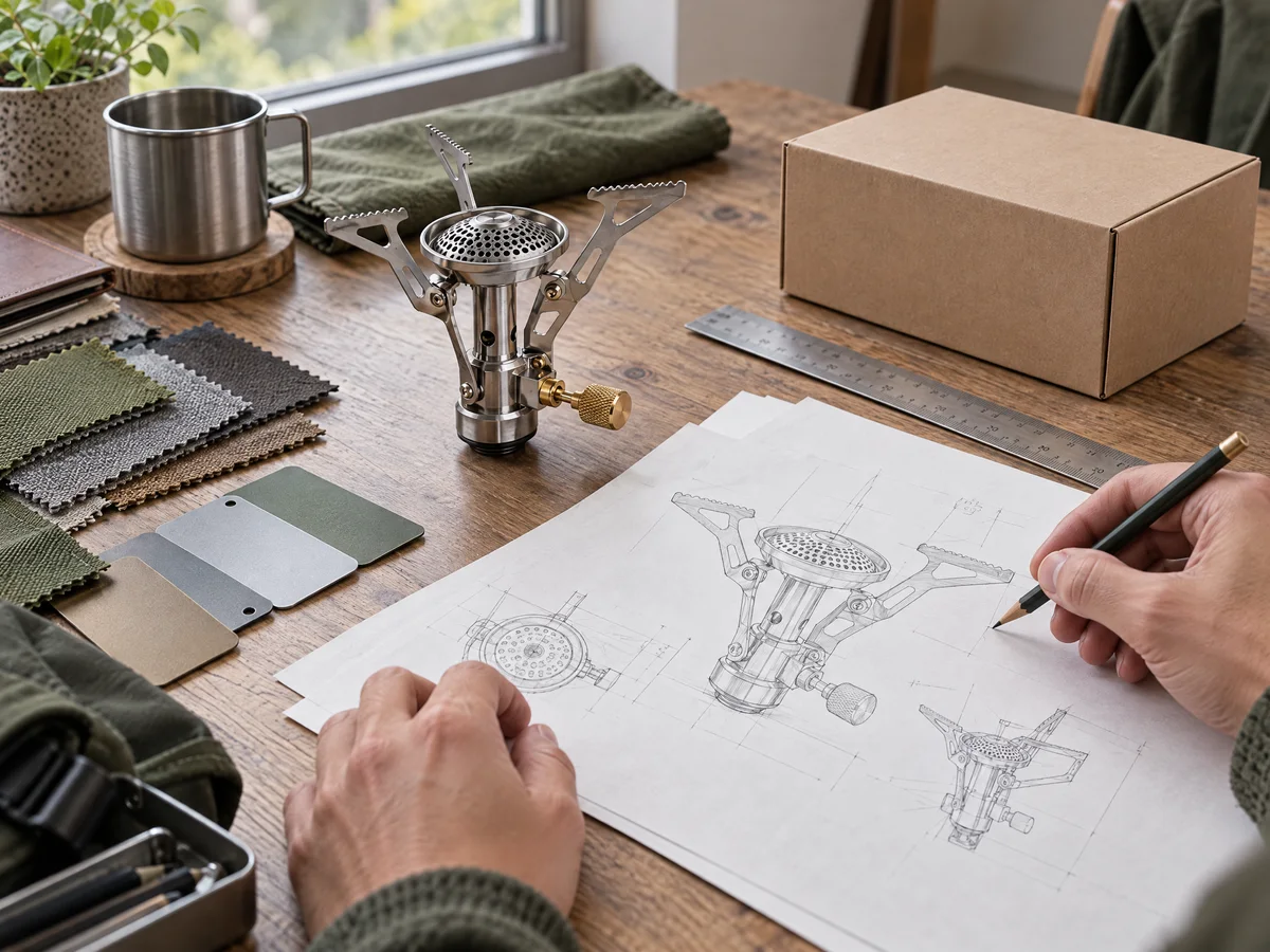 Technical sketches of a camping stove next to a stove sample